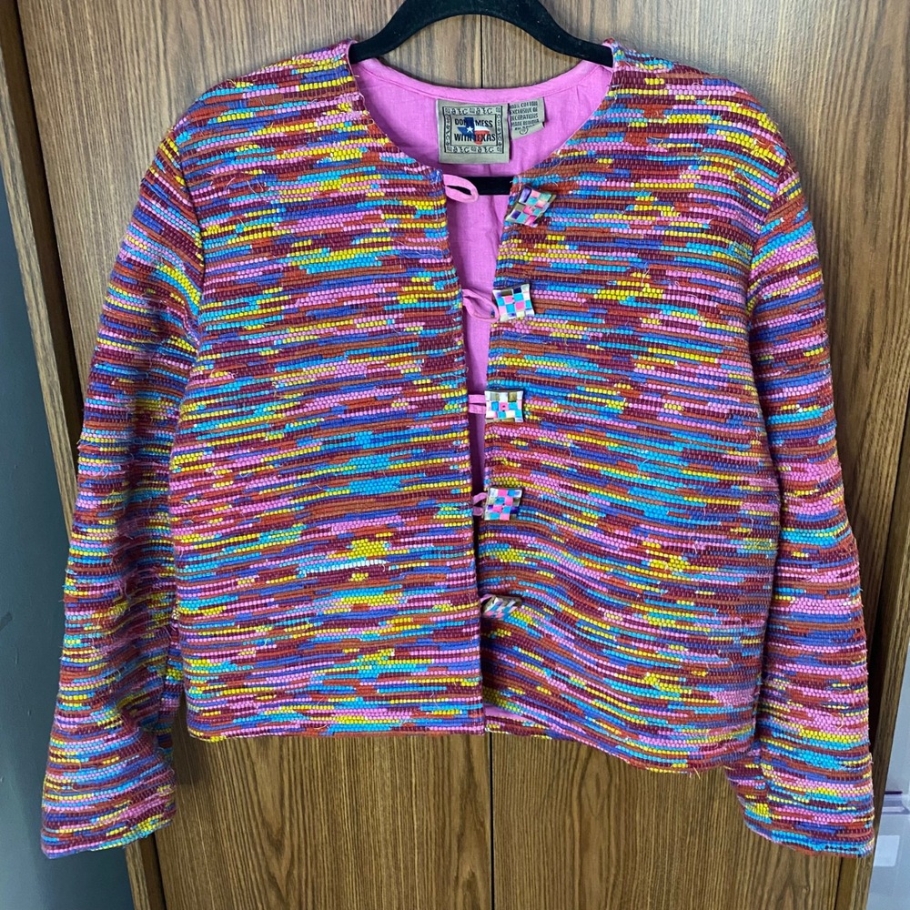 Don't Mess With Texas Woven Jacket Womens Small‎ Multi Color Boho Art To Wear